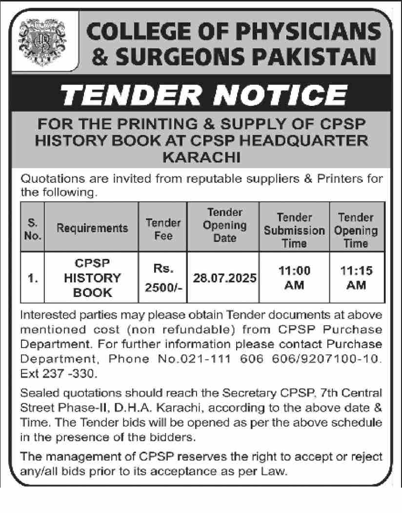 College of Physicians & Surgeons Karachi Tender Notice